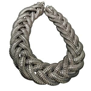 90s Chunky Silver Braided Statement Choker Necklace Adjustable Size 18" - 20.5"